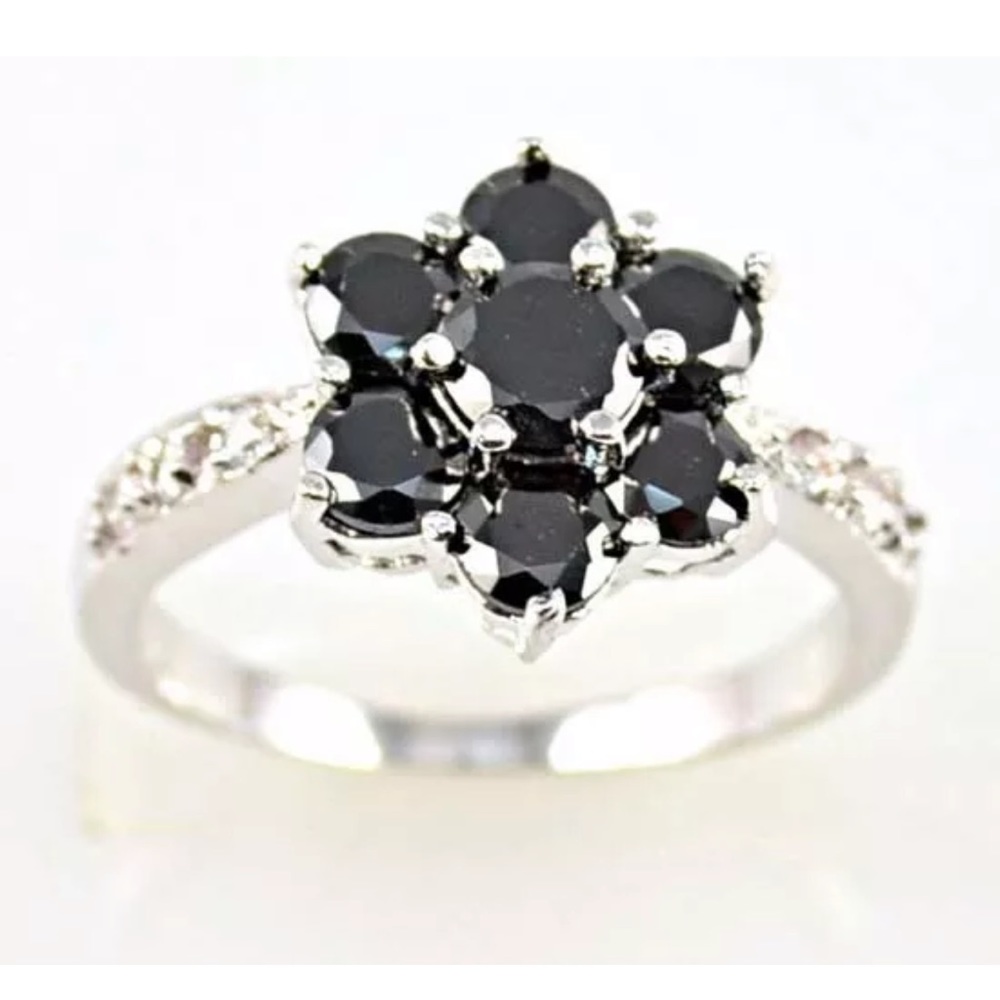 Gorgeous Flower RoundBlack Sapphire 925 SilverRing - Picture 1 of 5